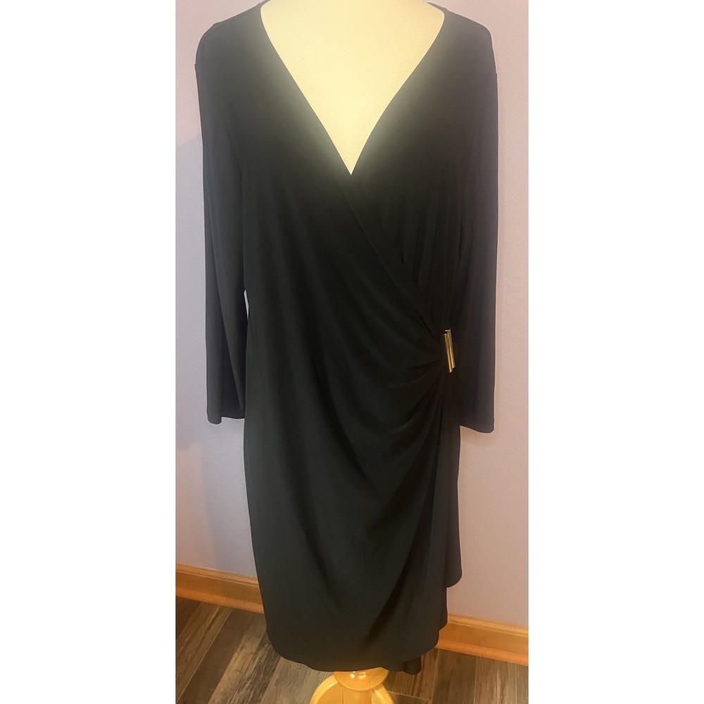 Calvin Klein Black V Neck Long Sleeve Dress Gold Accent Size Large
